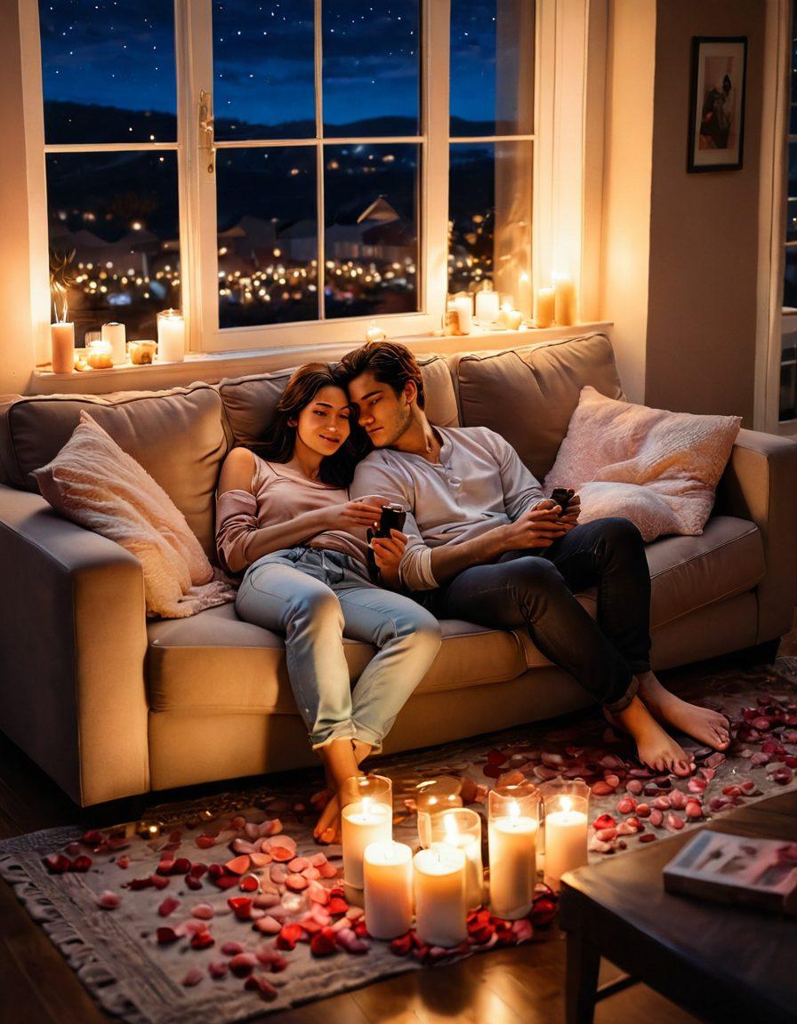A cozy living room scene with a couple snuggled together on a couch, surrounded by flickering candles and scattered rose petals, watching a romantic movie together on a large screen. Soft, warm colors create an intimate atmosphere, with a window showcasing a starlit night outside. The mood should evoke feelings of love and comfort. painting. soft pastels. dreamy lighting.