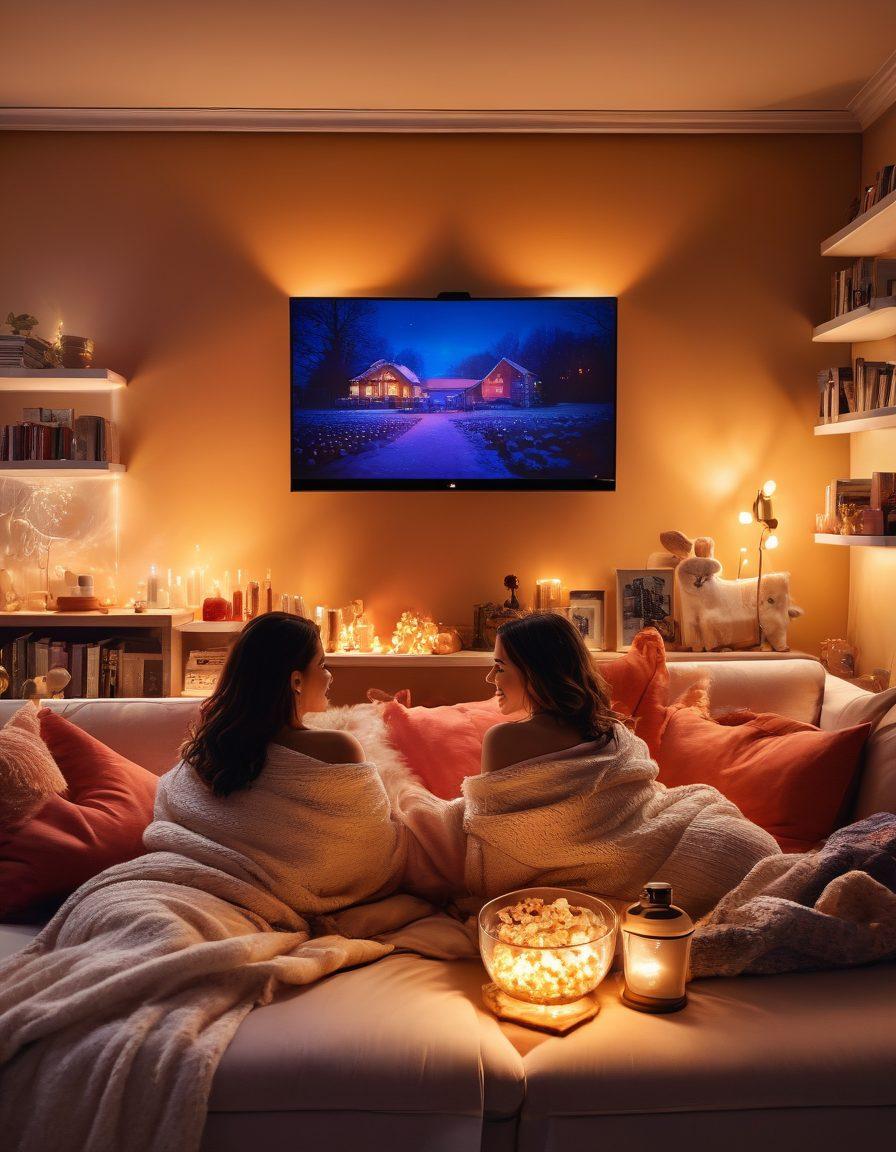A cozy living room setting with a warm ambiance, featuring a couple snuggled up on a couch, surrounded by popcorn and blankets, watching a romantic series on a large screen. Soft lighting, heart-shaped decorations, and a few beloved books on a nearby shelf create an inviting atmosphere. Vibrant colors and an enchanting, dreamy aesthetic add to the emotion of love. super-realistic. vibrant colors. cozy warm lighting.