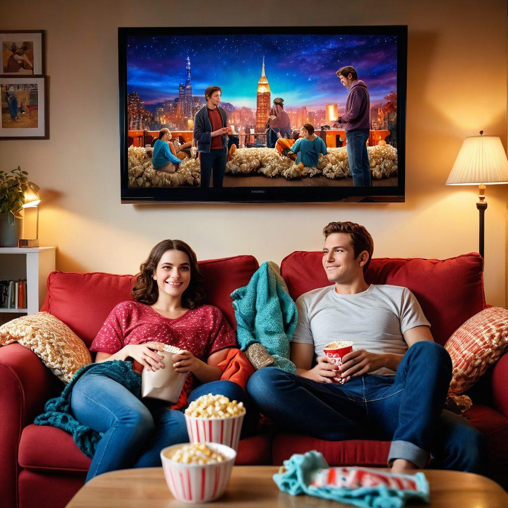 A cozy living room scene featuring a couple cuddled on a couch, surrounded by popcorn and blankets, as they watch a bright, colorful TV screen displaying romantic scenes from various popular series. Soft lighting and heart motifs in the background create a warm atmosphere, with hints of iconic series posters on the walls. super-realistic. vibrant colors. warm lighting.